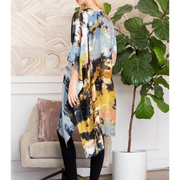 Riah Fashion blue distressed paint splatter open front layering kimono shawl - Picture 3 of 15